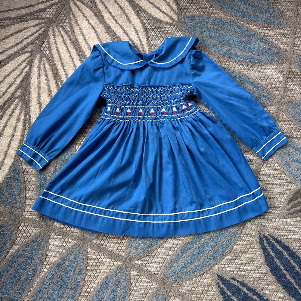 Vintage‎ Polly Flinders Girls’ Hand-Smocked Nautical Sailor Blue Dress Size 6